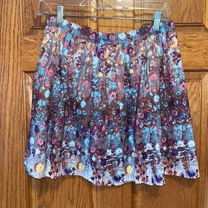 Lily White Blue Floral Mini Pleated A-Line Full Skirt Lined Lg